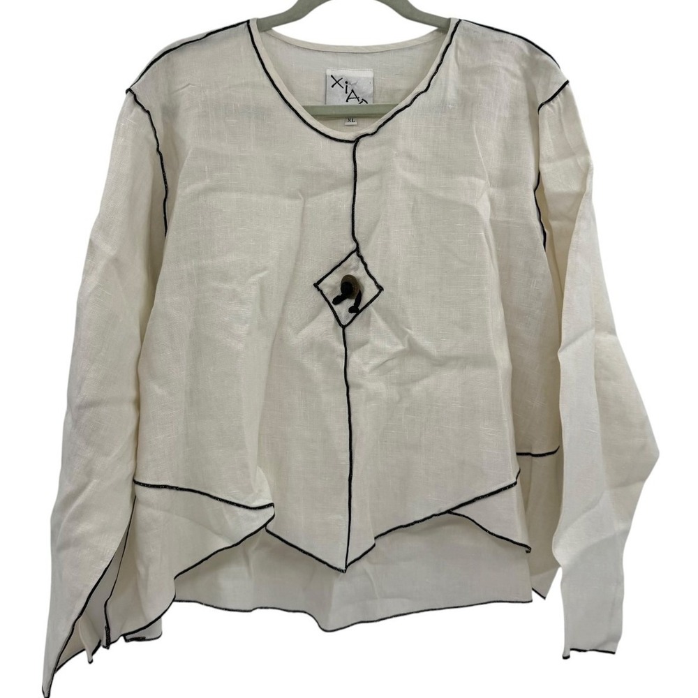 Xiao Linen Blouse XL White Black Contrast Stitch Handkerchief Hem Lagenlook USA